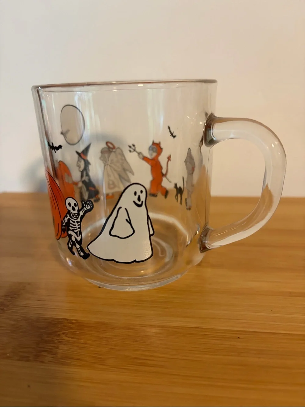 Vintage Halloween Parade Luminarc Glass Tumbler Mug Orange & Black. Ghost Witch
